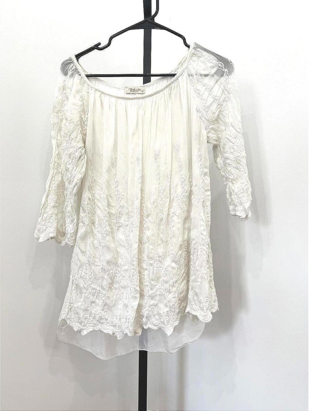 White Embroidered Long Sleeve Tunic Top Bellambia Medium Silk Blend